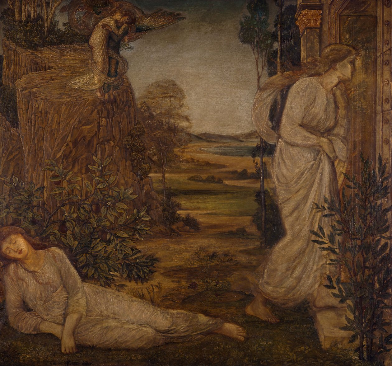 Ámor és Psyche – Palotai zöld falfestmények – Zephyrus Bearing Psyche to the Mountain, 1881. alkotó: Sir Edward Coley Burne Jones