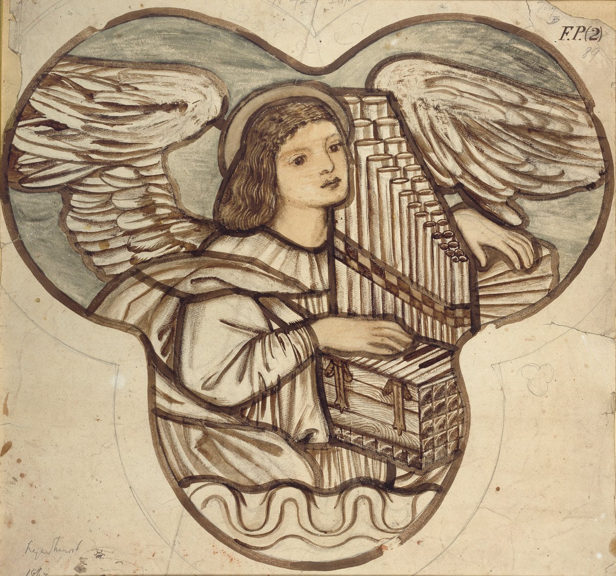 Tervezés ólomüveghez a Lyndhurst templomban: Angyal orgonista, 1886 alkotó: Sir Edward Coley Burne Jones