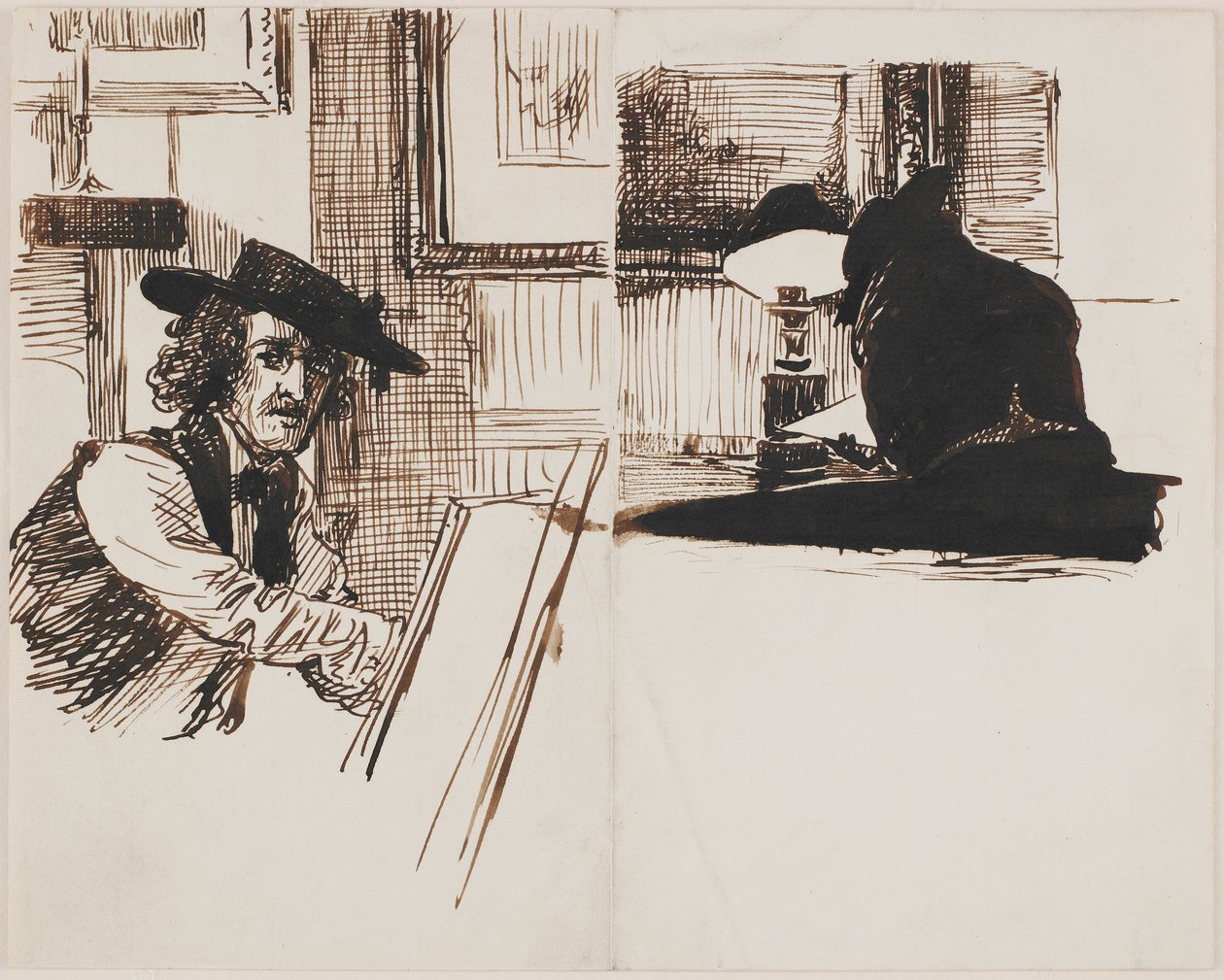 Whistler rajz Poynter; egy asztalnál ülő férfi hátulnézete egy világító lámpa közelében alkotó: Sir Edward John Poynter