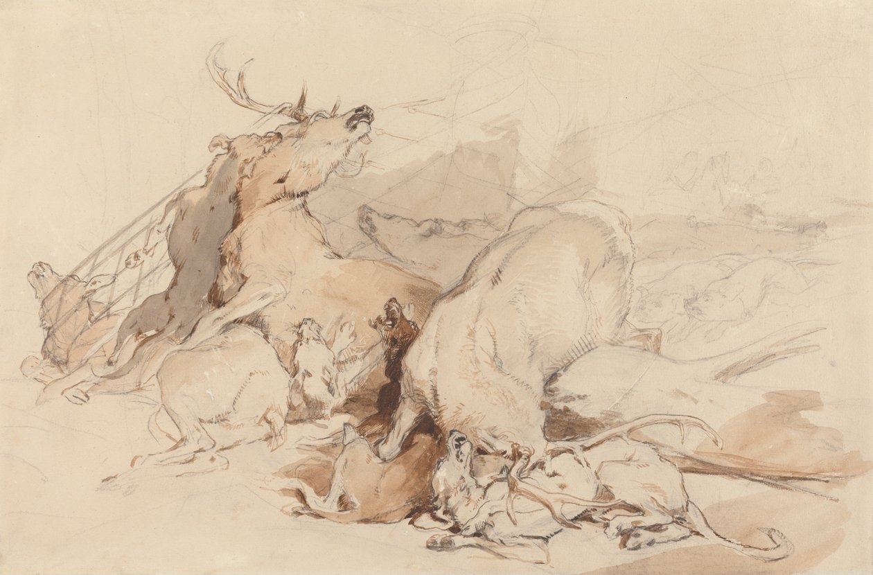 Kutyák és vadászok megtámadják a szarvast alkotó: Sir Edwin Henry Landseer