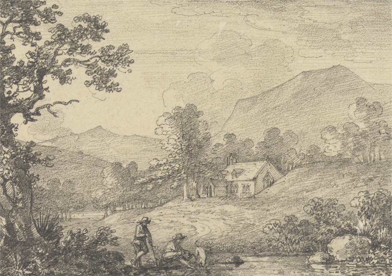 Két alak a tó partján és egy templom dombos tájon alkotó: Sir George Howland Beaumont seventh Baronet