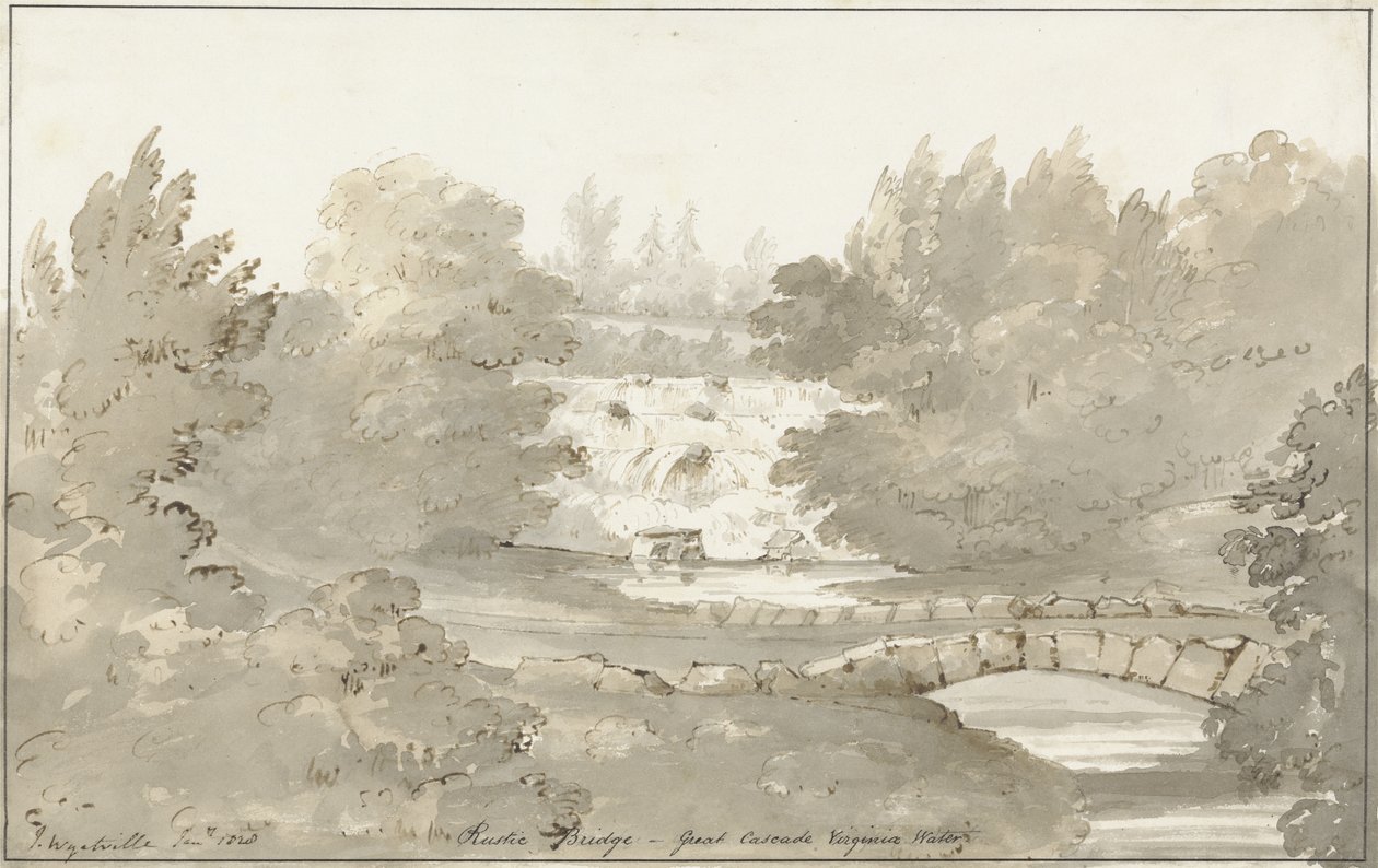 Tervezés rusztikus hídhoz a Cascade alatt, Virginia Water (toll és tinta mosással papíron) alkotó: Sir Jeffry Wyatville