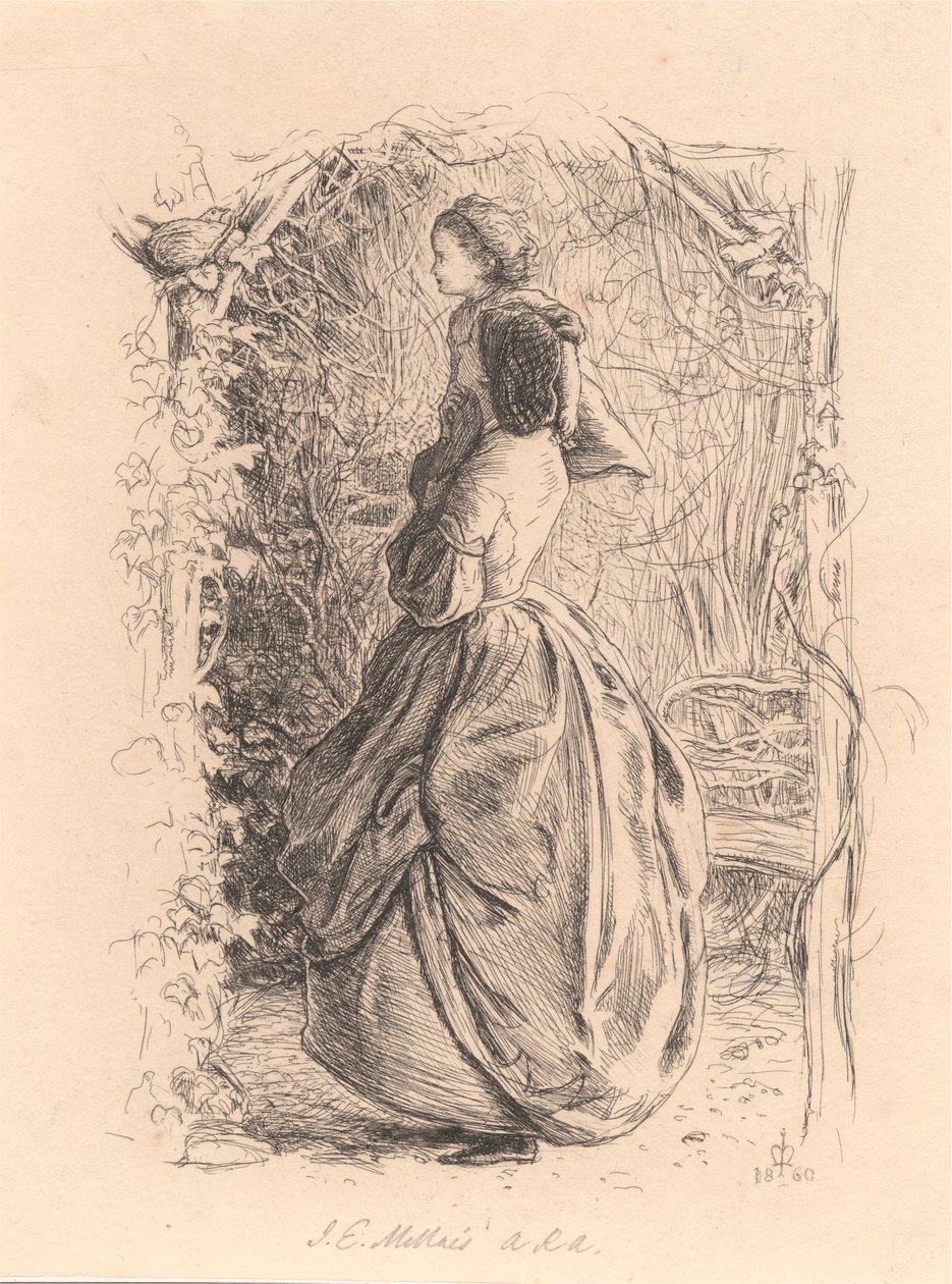 Boldog tavaszi időt. Nő és gyermek nézi a madarat a fészekben. alkotó: Sir John Everett Millais