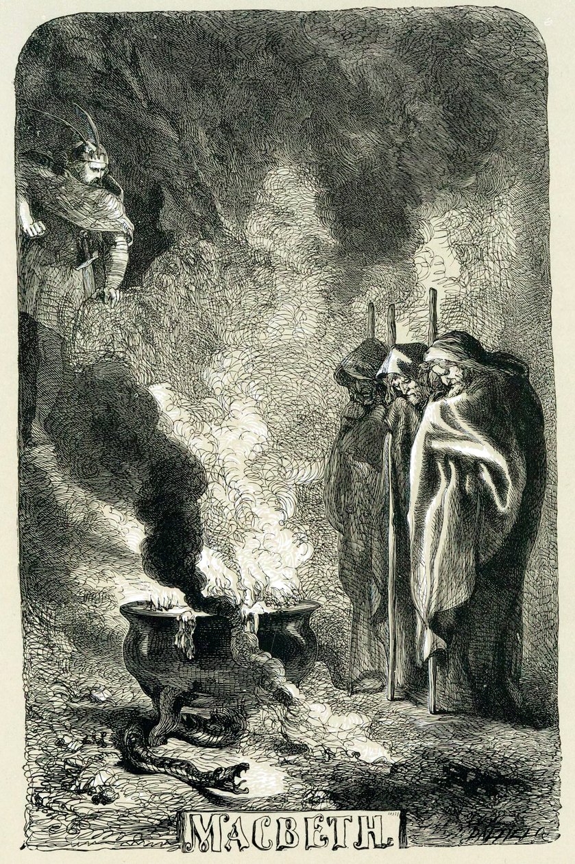 Macbeth meglátogatja a három boszorkányt a felrobbantott fenyőn, 1858 alkotó: Sir John Gilbert