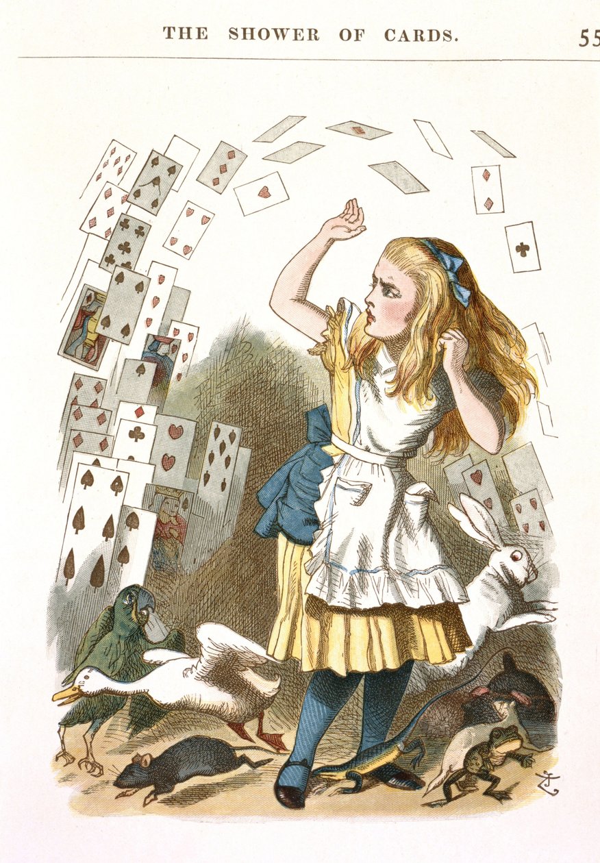 A kártyazápor. Illusztráció: Alice Csodaországban, L. Carroll, 1890 alkotó: Sir John Tenniel