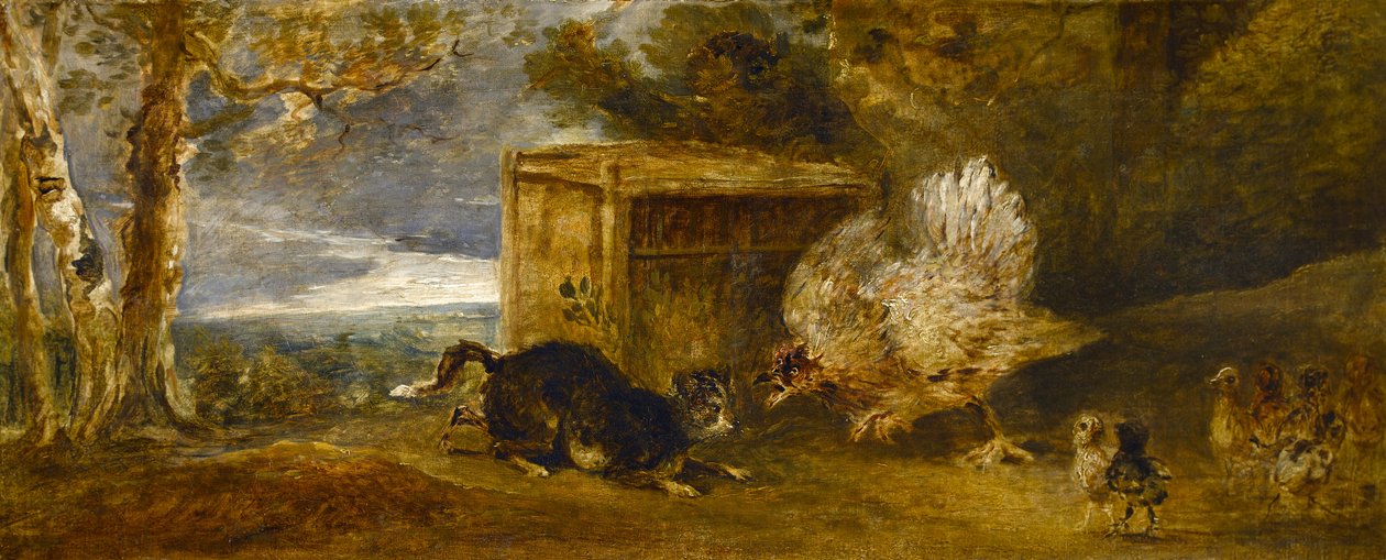 Egy tyúk, aki megvédi a csirkéket egy macska támadásától alkotó: Sir Peter Francis Bourgeois