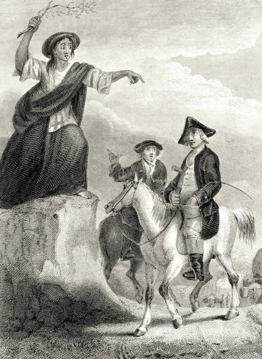 Meg Merrilies az Ellangown-ház bukását jósolja, Sir Walter Scott (1771-1832) „Guy Mannering” című illusztrációja 1820-ban jelent meg alkotó: Sir William Allan