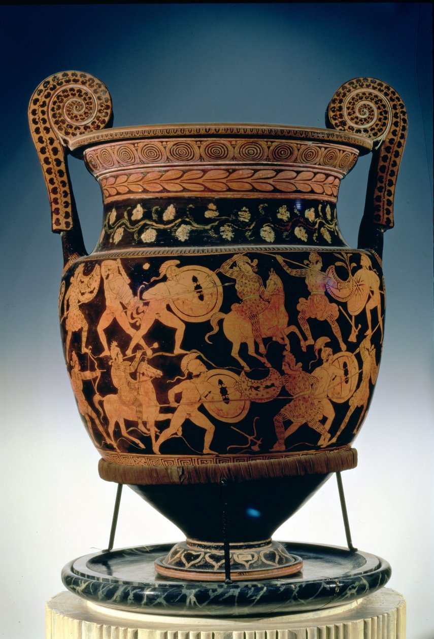 A görögök és amazonok csatáját ábrázoló vörös figurás volutás kráter, apuliai (kerámia) (lásd még 85030) alkotó: Sisyphus Painter