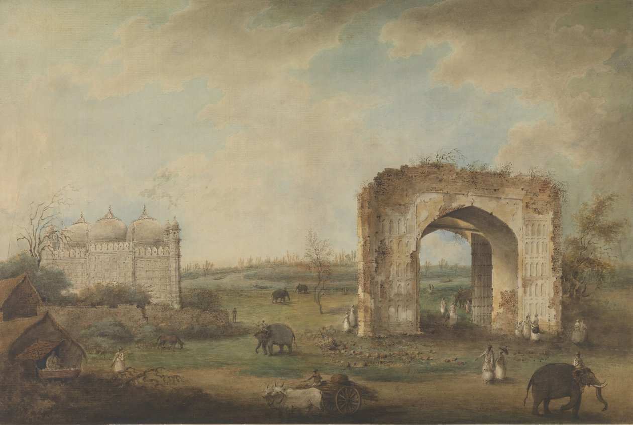Kilátás a mecsetre és az átjáróra Motijhilben, kb. 1814-23. alkotó: Sita Ram.