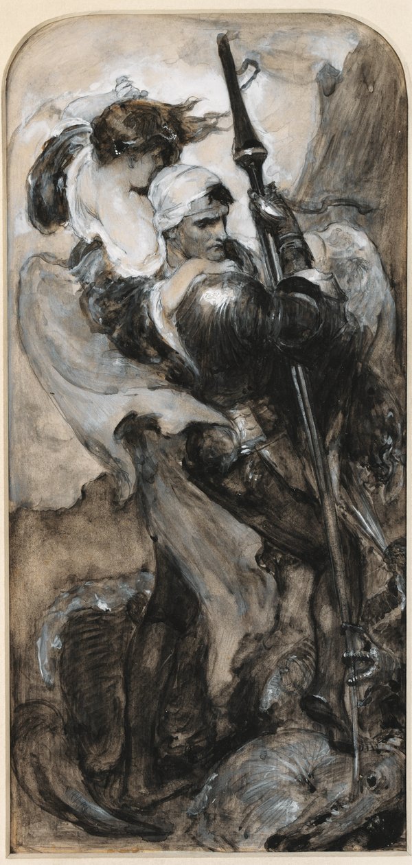 Study for St. George (ceruza és szürke mosás fehérrel megerősítve) alkotó: Solomon Joseph Solomon