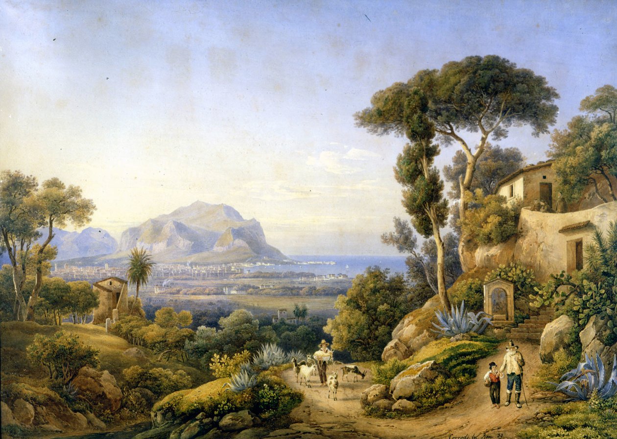 Palermo és a Pellegrino-hegy. Solomon Corrodi festménye alkotó: Solomon Corrodi