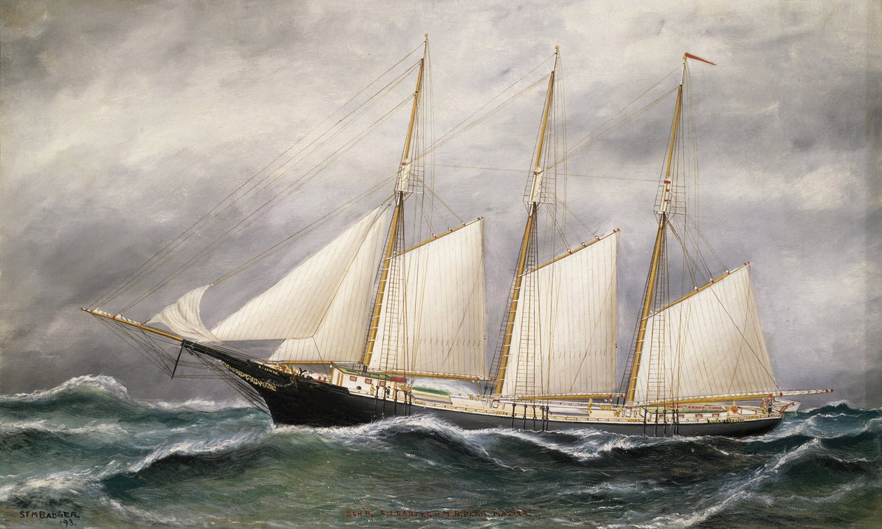 A "Robert Ingle Carter" szkúner teljes vitorlázatban, 1891-ben bocsátották vízre Bostonban (Massachusetts, USA) egy Newportban (Rhode Island, USA) működő szénkereskedő számára. alkotó: Solon Francis Montecello Badger