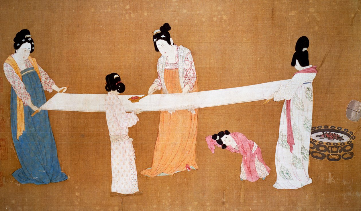 Hölgyek az új szőtt selyem előkészítésében, Hui-Tsung császárnak tulajdonított festmény, a Song-dinasztia, Kína alkotó: Song Dynasty Chinese School