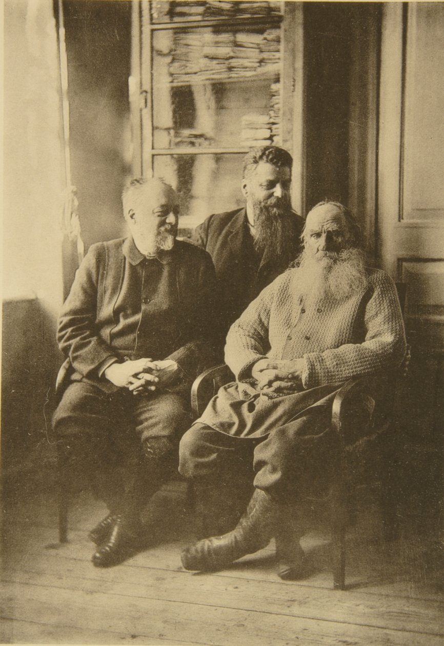 Lev Tolsztoj orosz író Mihail Sztahovics politikussal és Mihail Szuhotinnal, Oroszország, 1900-as évek alkotó: Sophia Andreevna Tolstaya