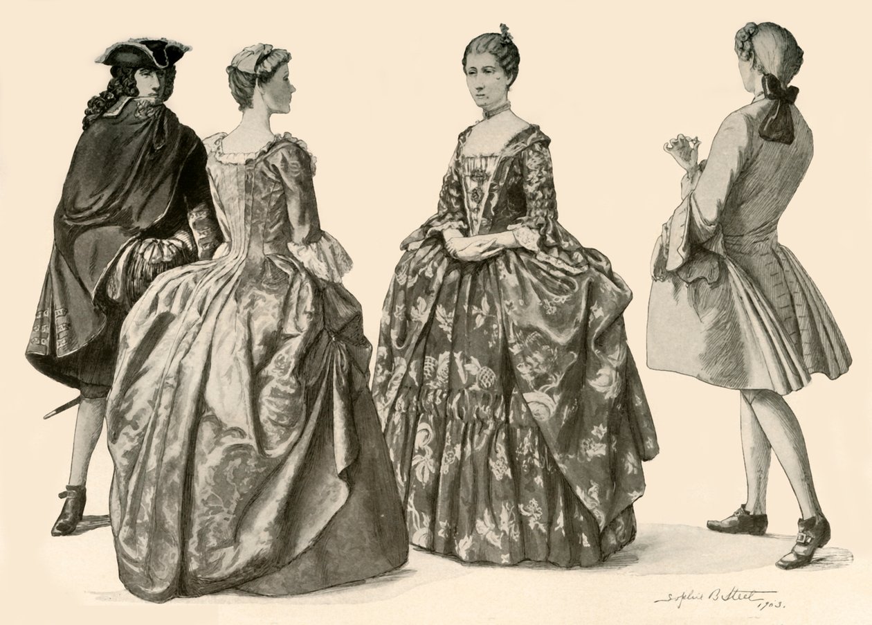 Ruházat Anna királynő és I. György uralkodása idején, 1702-1725, 1903, 1937. alkotó: Sophie B. Steel