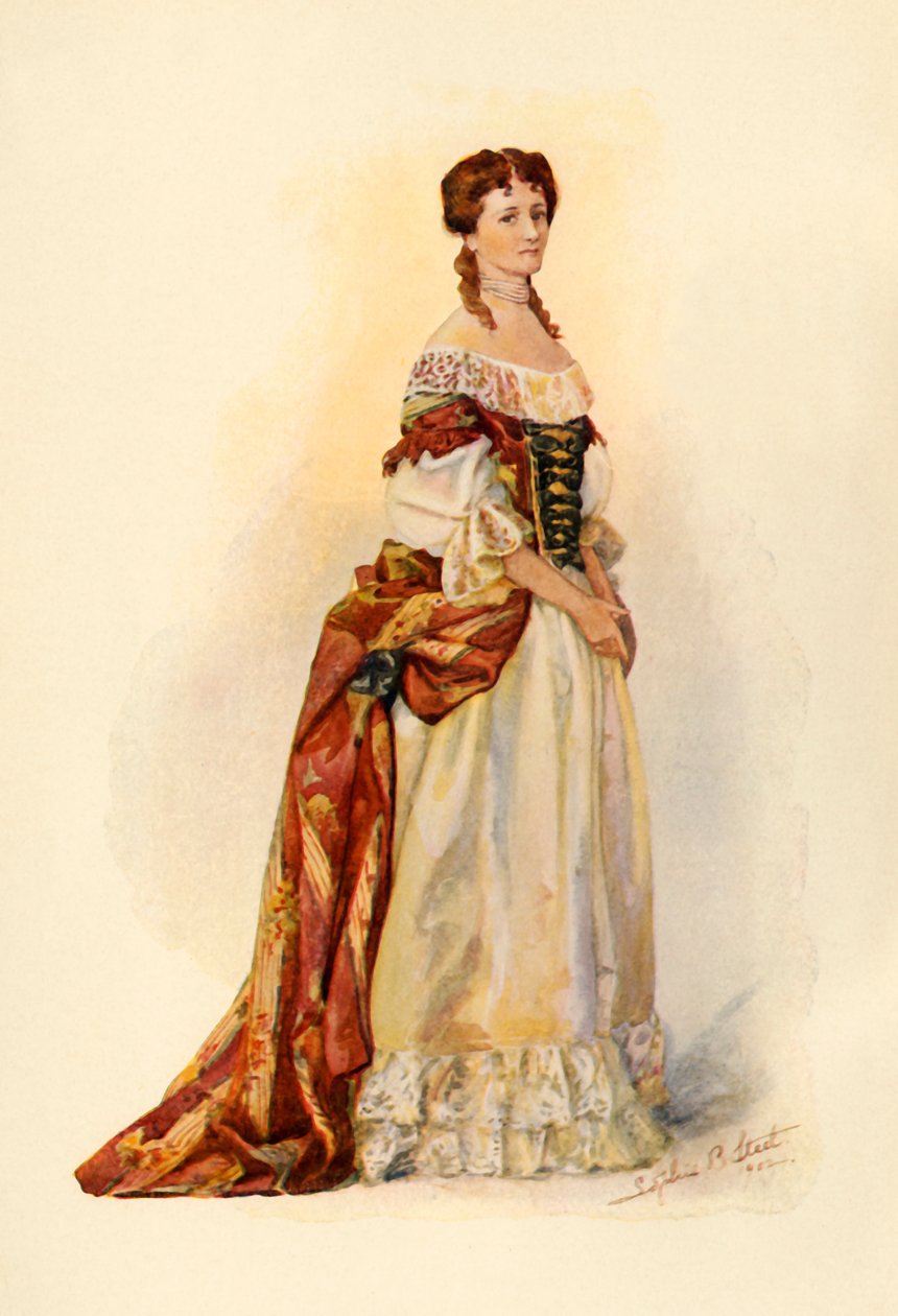 Vörös brokát ruha, amelyet a barbadosi kolónián viseltek (c1685, 1903, 1937). alkotó: Sophie B. Steel