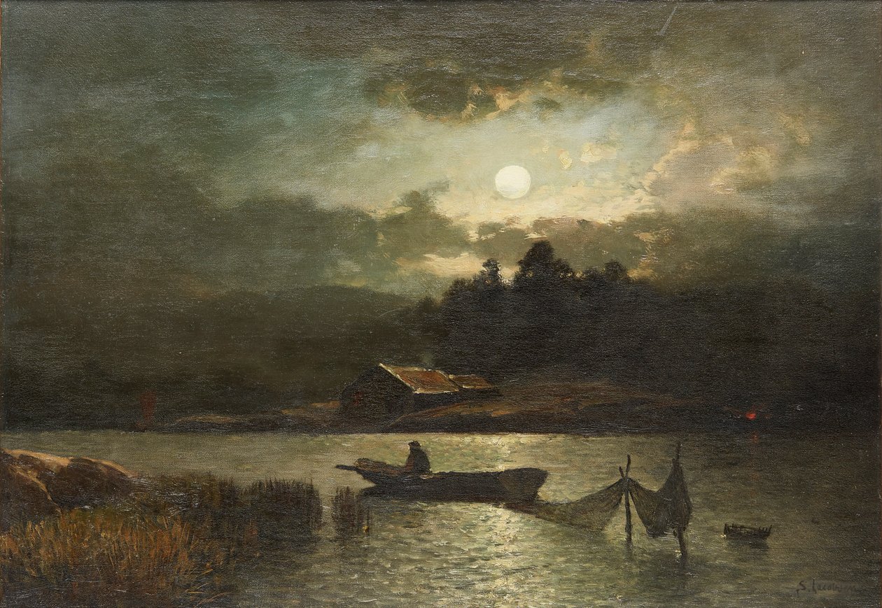 Horgászat hálókkal Holdfényben (olaj, vászon) alkotó: Sophus Jacobsen