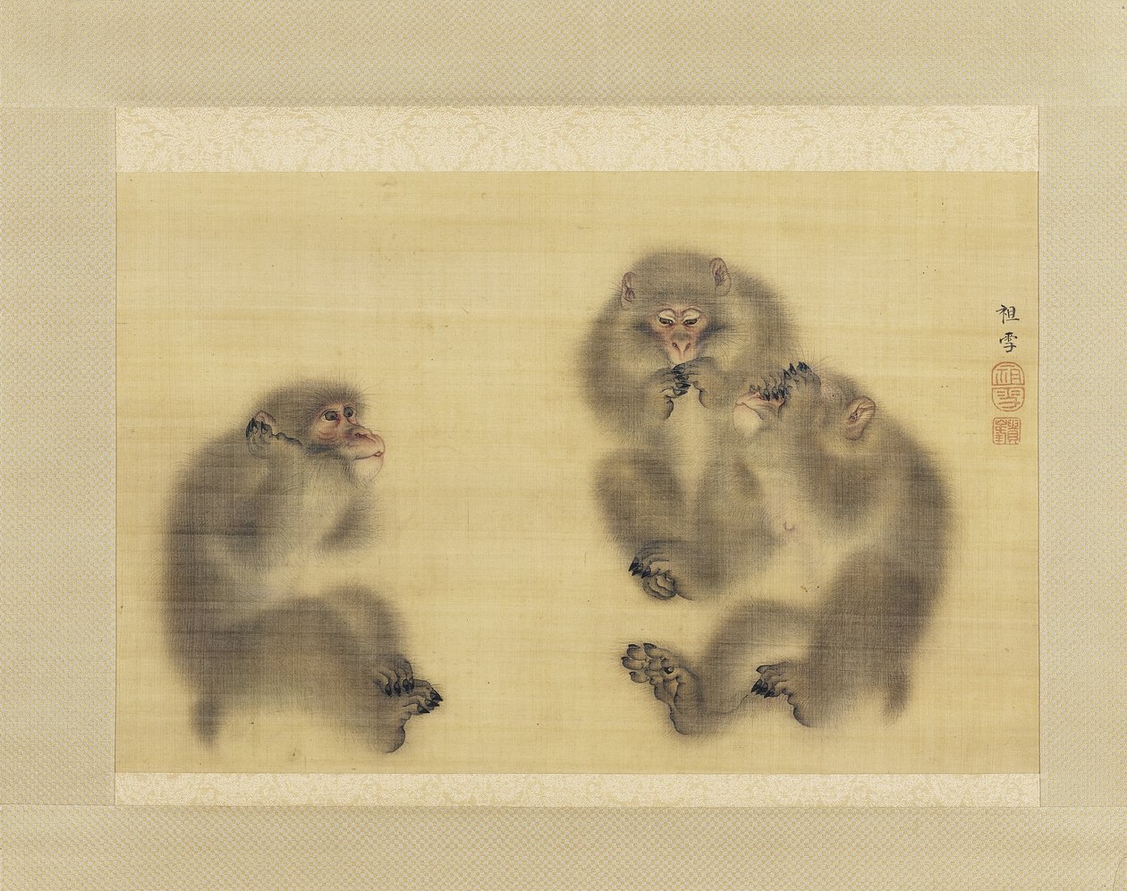 Majmok: Hear No Evil, See No Evil, Speak No Evil, 1820 körül (tinta és szín a selyemen) alkotó: Sosetsu Mori