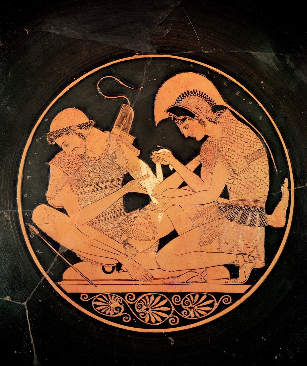 Vulciból, Kr.e. 500 körüli Vulciból, egy padláson lévő vörös kylix-figura, amely Achillest ábrázolja, aki a sebesült pátrolékot ábrázolja (kerámia) alkotó: Sosias Painter