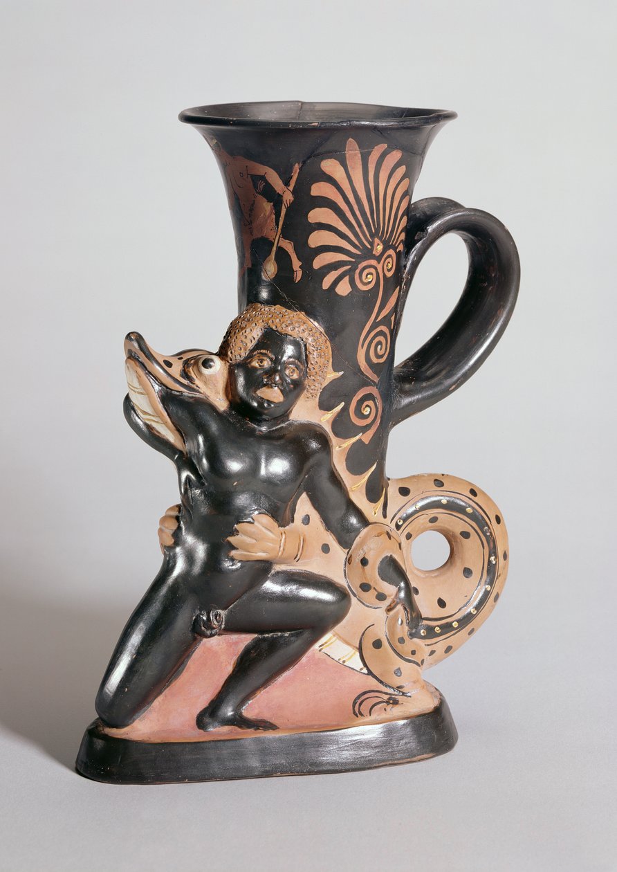 Piros szarv alakú rhyton, amely egy krokodilt ábrázol, amint egy núbiait támad meg, görög, Kr.e. 350 körül (agyag) alkotó: Sotades