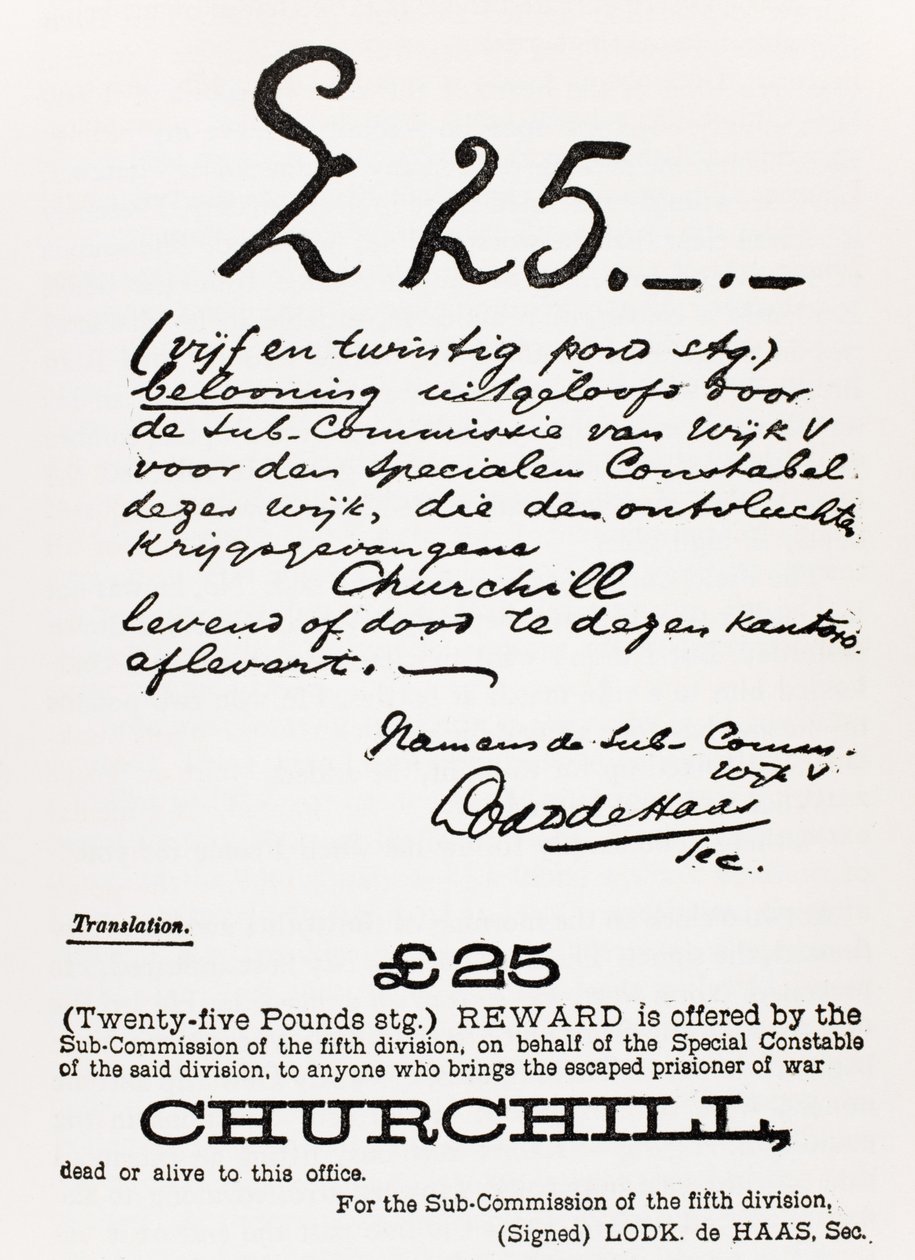 Keresett poszter a szökött hadifogoly Churchillről, "A Roving Commission by Winston S. Churchill"-ből, kiadta a Scribner
