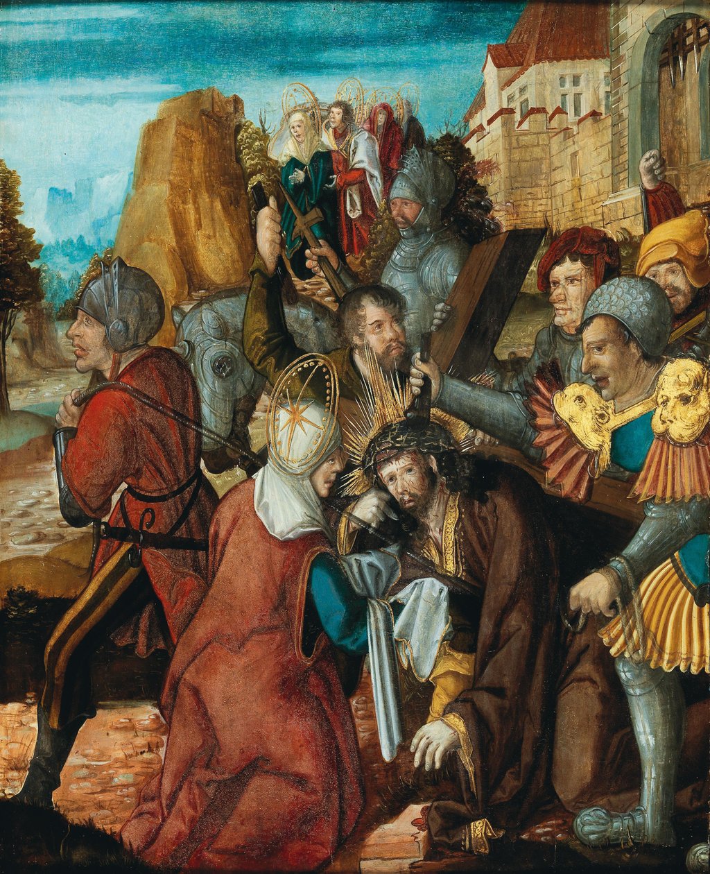 Szent Veronika átnyújtja fátylát Krisztusnak a kálvárián, 1515-1520 körül. alkotó: Southwest German master.