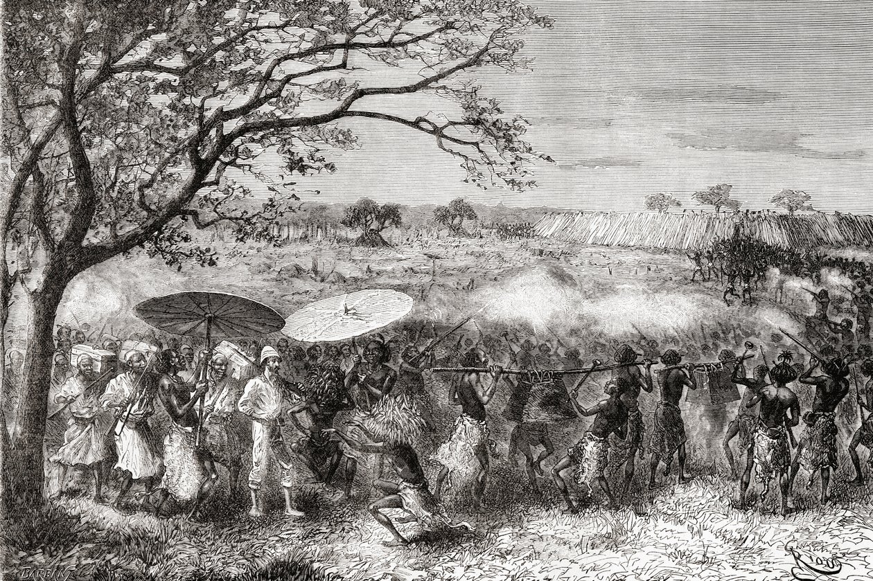 Egy kongói törzs kíséri Pietro Paolo Savorgnan di Brazza felfedezőt és expedícióját falujukba, „Afrika Pintorescából”, 1888-ban jelent meg. alkotó: Spanish School