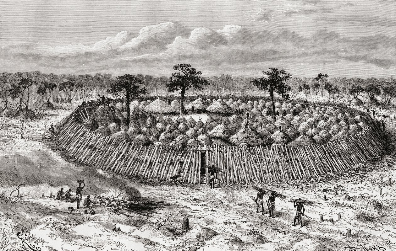 Egy kongói falu a 19. század közepén, az 1888-ban megjelent „Afrika Pintorescából” alkotó: Spanish School