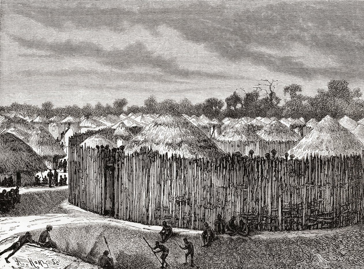 Egy falu Közép-Afrikában a 19. században, az „Africa Pintoresca”-ból, 1888-ban alkotó: Spanish School