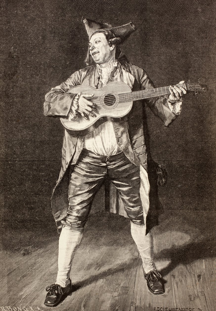 Egy 18. századi zenész, L. Scheurenberg rajza alapján, az 1881-es „La Ilustracion Espanola y Americana” c. alkotó: Spanish School