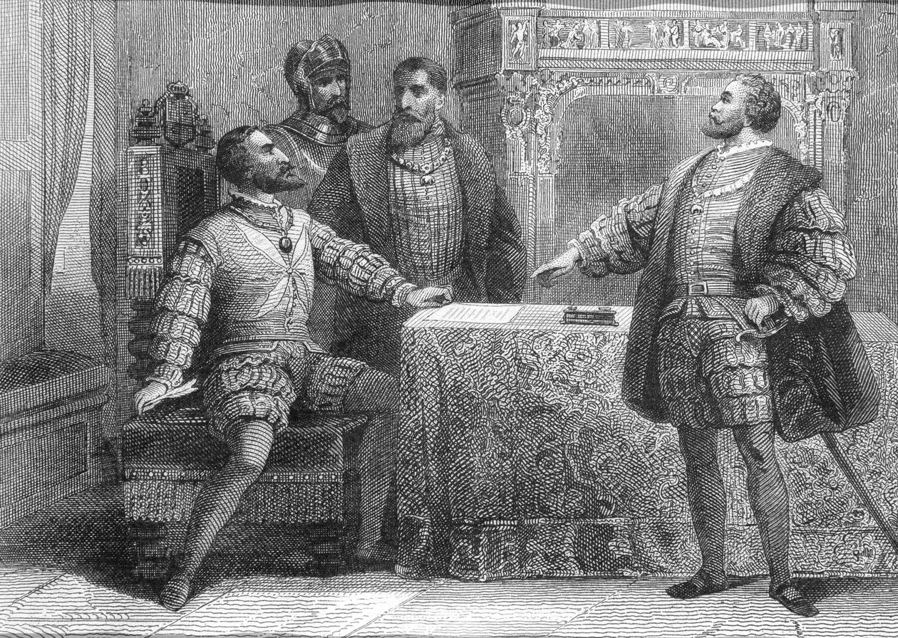 V. Károly spanyol (1500-58) és Francois I. francia (1494-1547) aláírták a Madridi Szerződést, 1526. január 14. alkotó: Spanish School