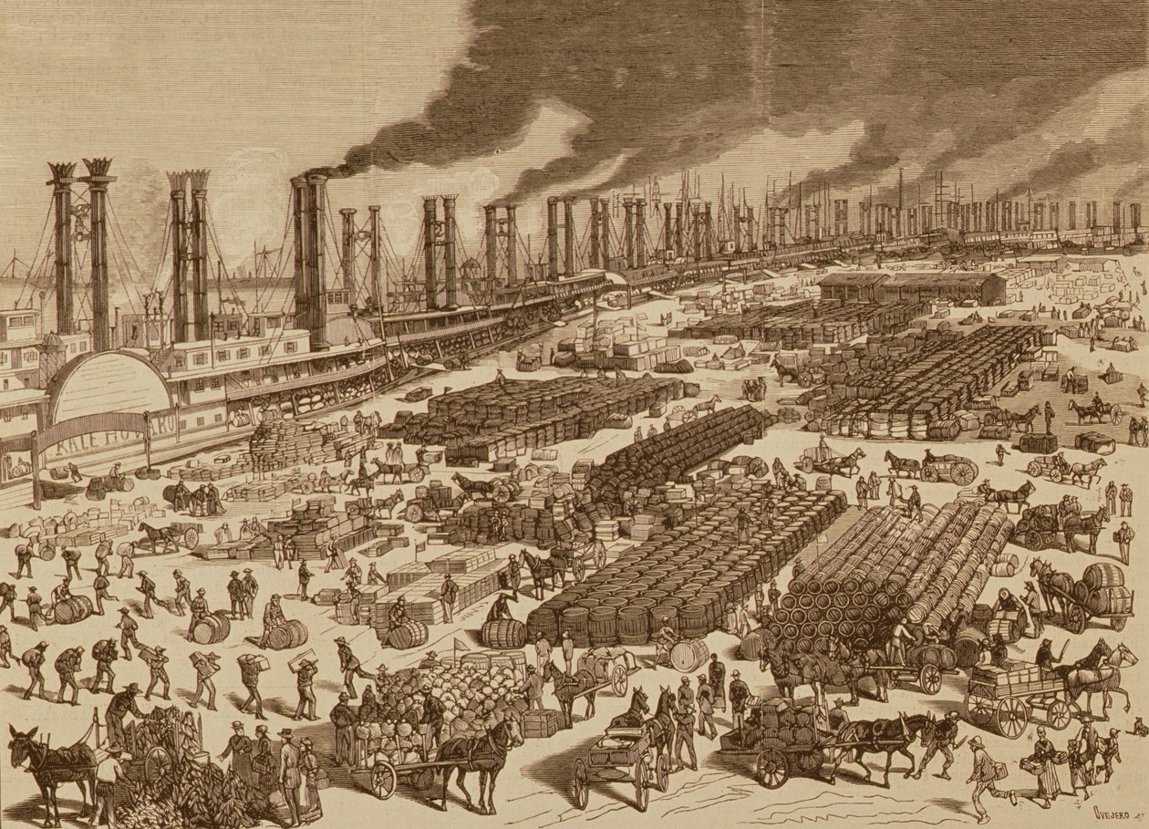 Kereskedelmi tevékenység és kilátás a rakpartra New Orleansban 1880-ban alkotó: Spanish School