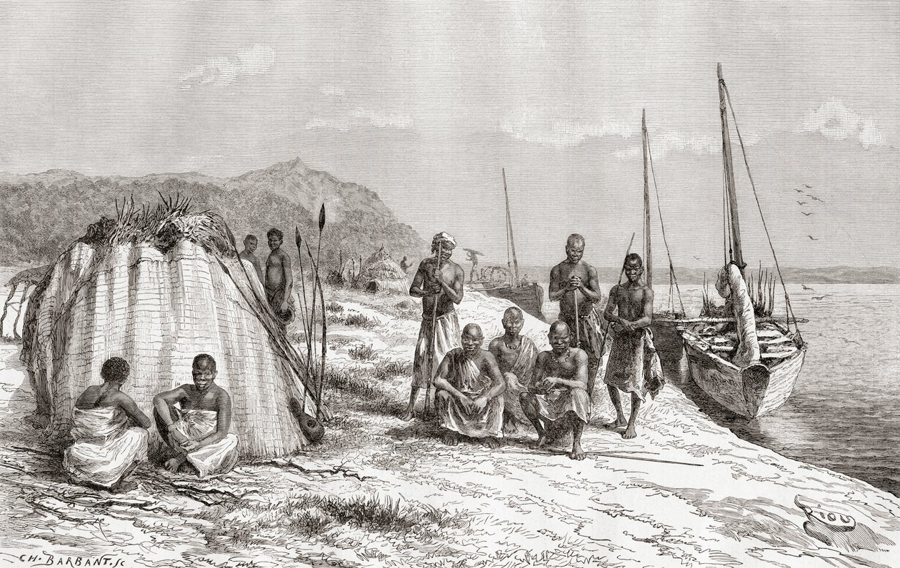 Kongói törzsek csónakjaikkal a Kongó folyón a 19. században, az „Africa Pintorescából”, 1888-ban alkotó: Spanish School