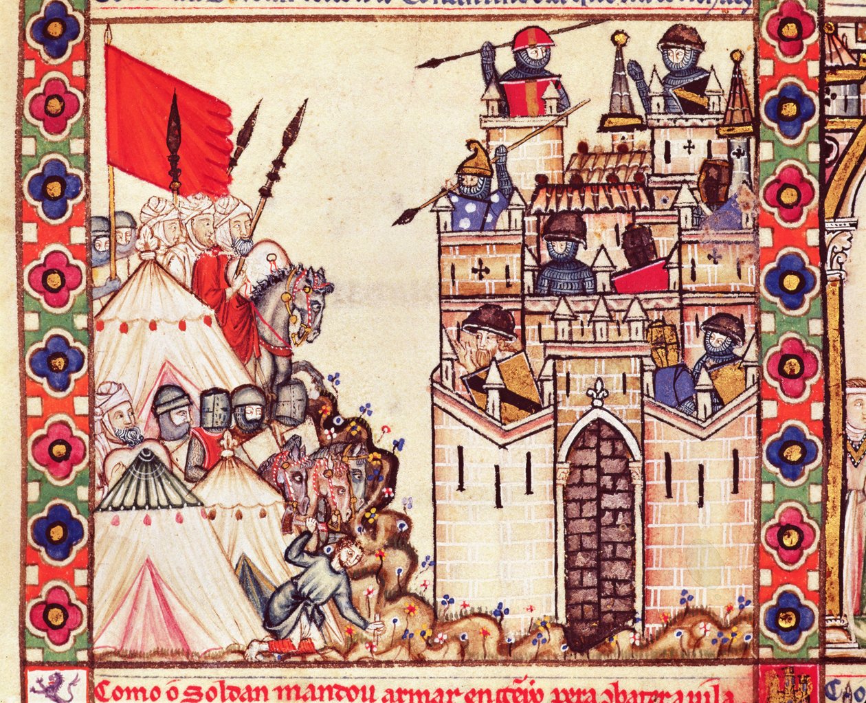 A 28-as Cantiga részlete, amely a keresztények kezén lévő Konstantinápolyt körülvevő katonákat ábrázolja, galáciai nyelven írva X. Alfonso számára alkotó: Spanish School