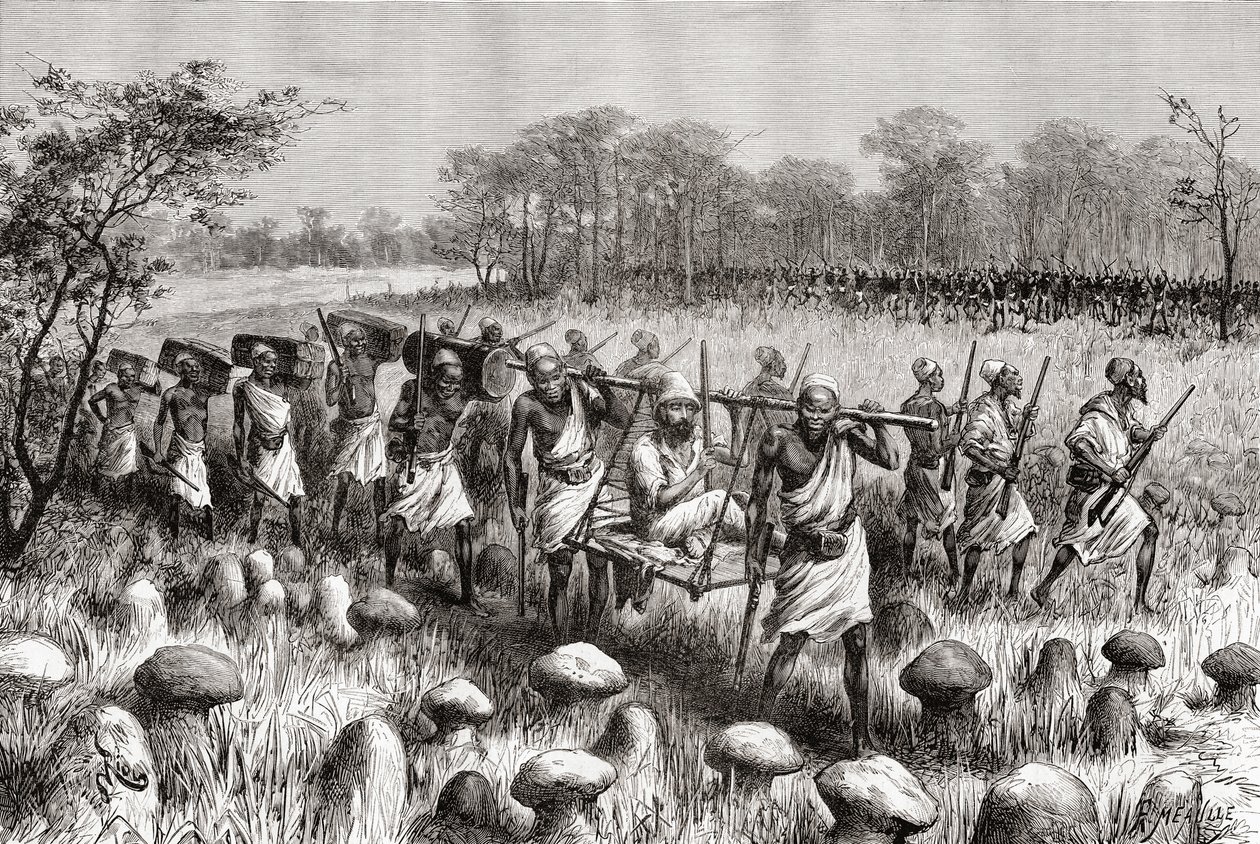 A felfedező, Pietro Paolo Savorgnan di Brazza elhagyja a zambiai Kalasát, az „Afrika Pintorescából”, megjelent 1888 alkotó: Spanish School