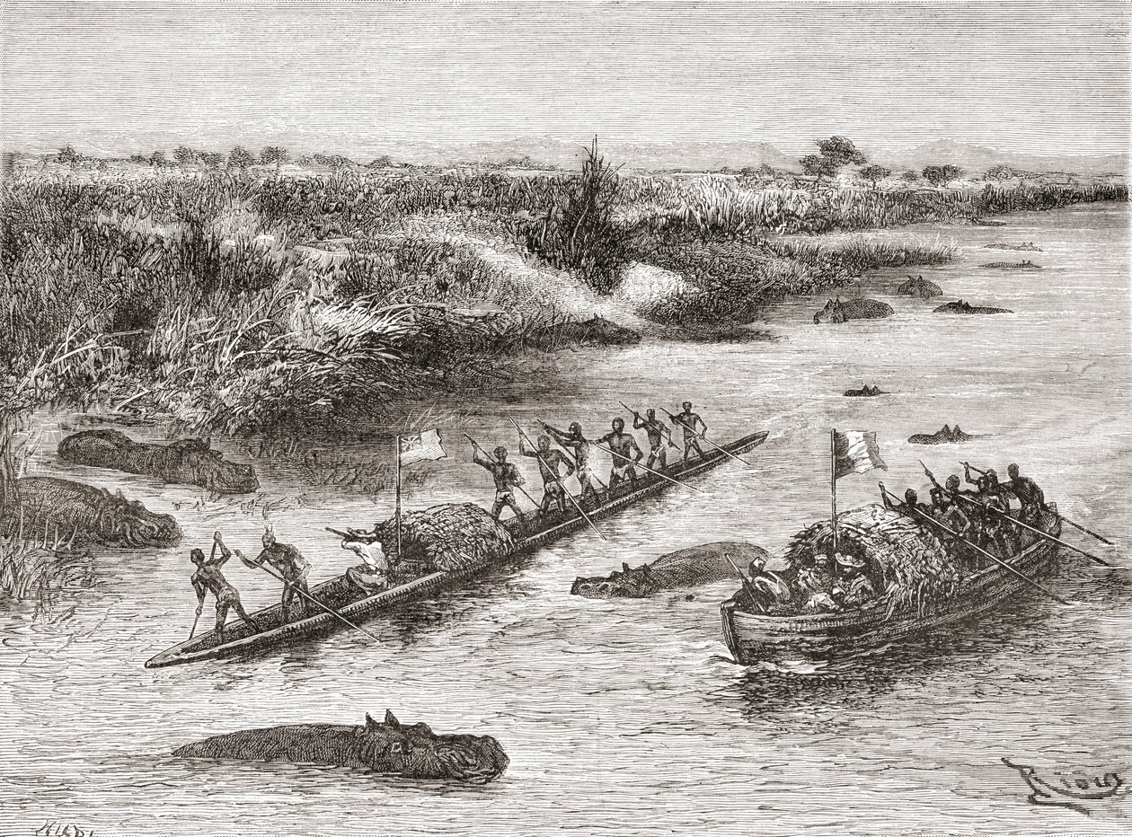 Francia és brit felfedezők, akik vízilóra vadásztak a Kongó folyón a 19. században, „Africa Pintorescából”, 1888-ban alkotó: Spanish School