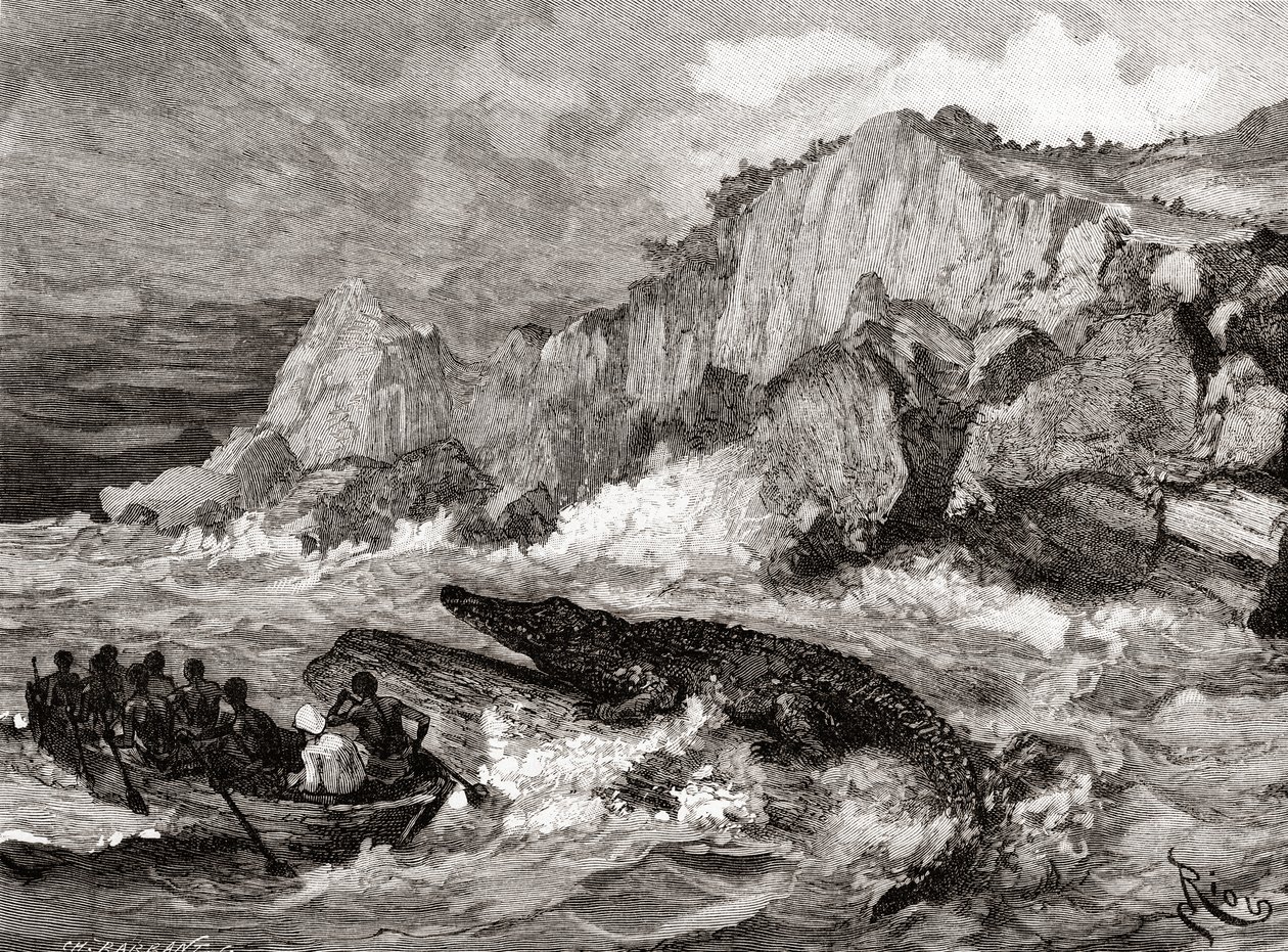 Óriás krokodil fenyeget egy csónakot a Kongó folyón egy 19. századi expedíció során, „Afrika Pintorescából”, 1888-ban alkotó: Spanish School