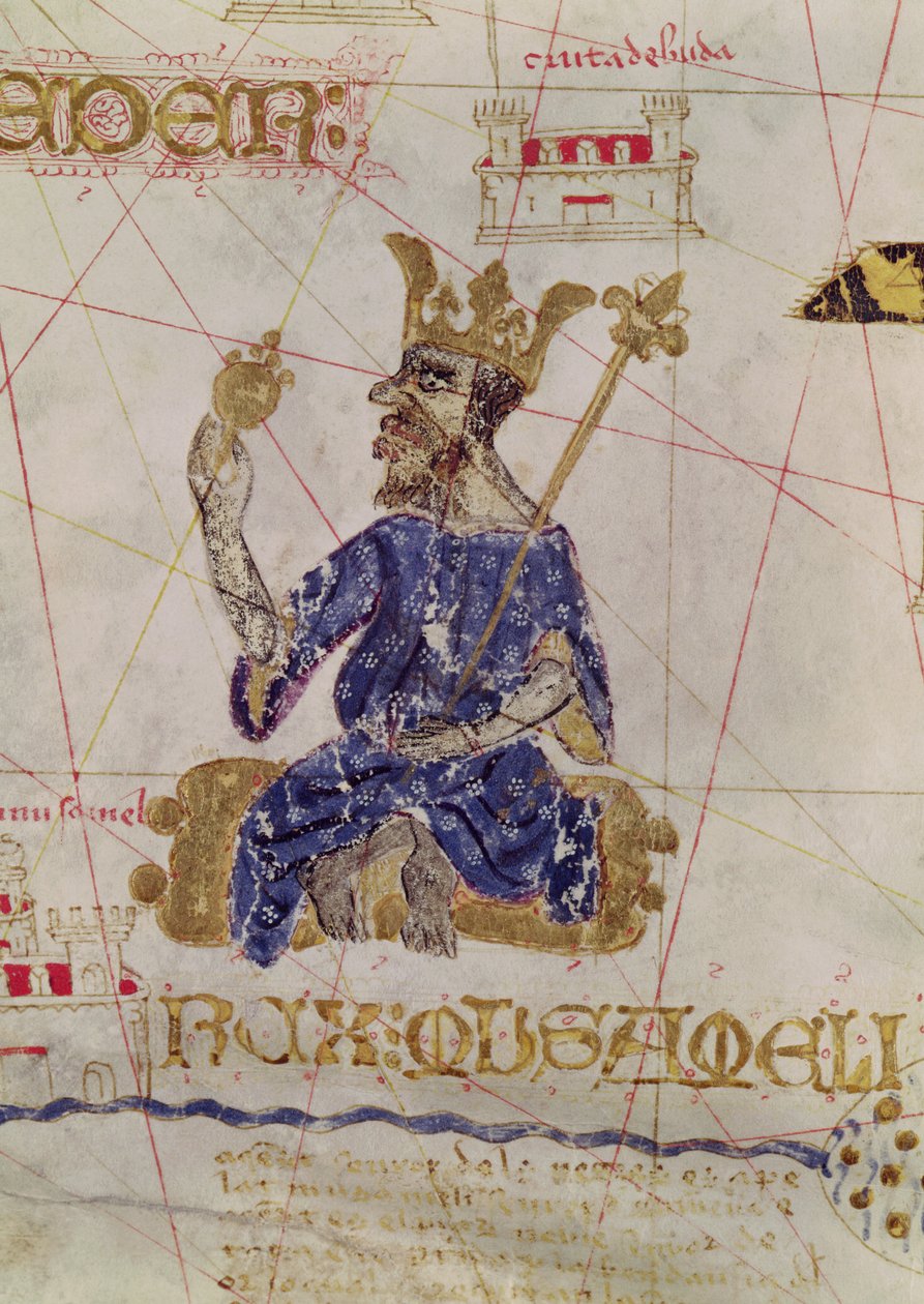 Kankou Mousa, Mali királya V. Károly térképéről, Mecia de Viladestes térképe, Európa és Észak-Afrika portulánja, 1413 alkotó: Spanish School
