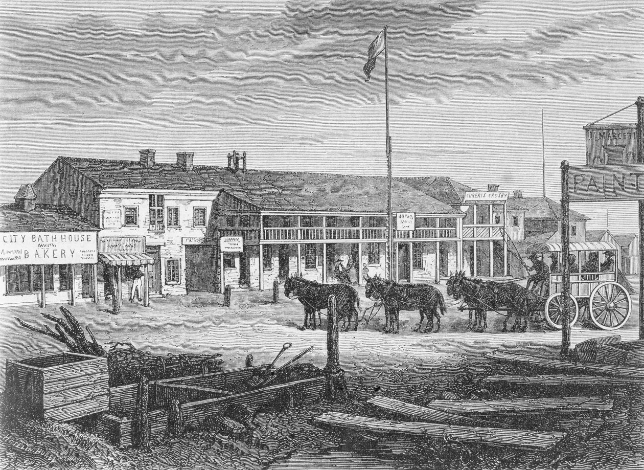 Salt Lake City főutcája, az 1860-as években, Utah államban, a „La Vuelta al Mundo”-ból, Madridban, 1865 alkotó: Spanish School