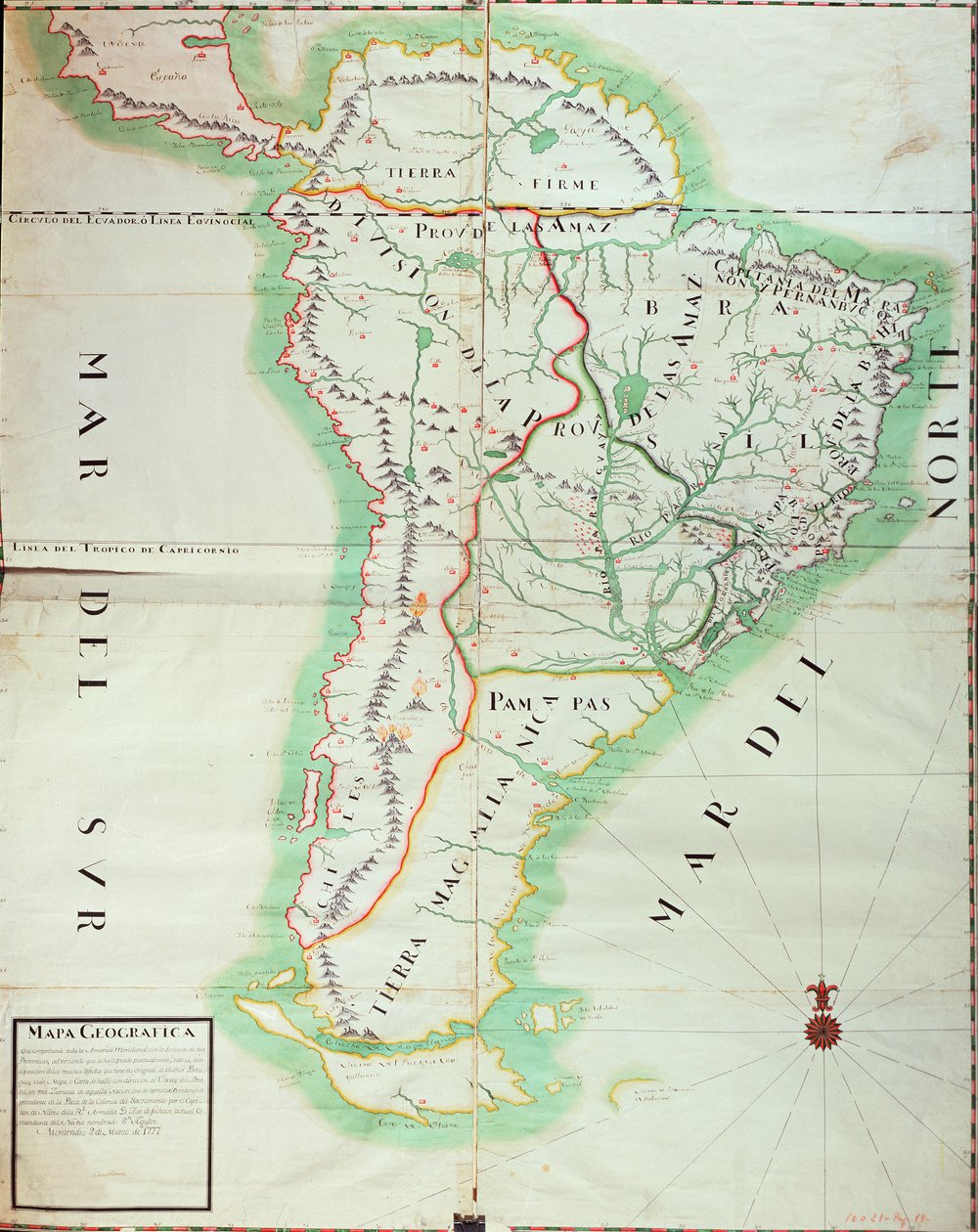 Dél-Amerika térképe, 1777 (wc, gouache, toll és tinta papíron) alkotó: Spanish School
