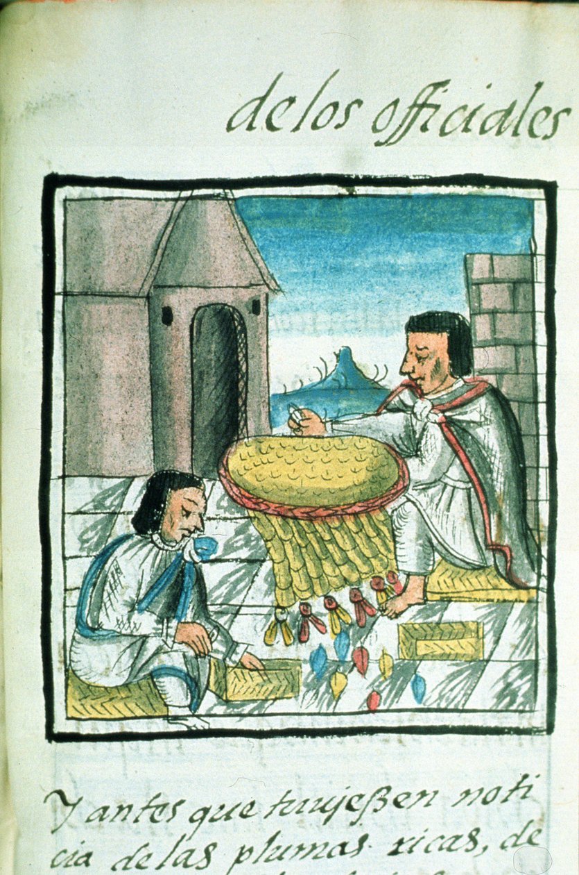 Palat asszony. 218-220 IX. könyv Azték toll kézművesek munkában, Bernardino de Sahagun „Firenzei kódexéből”, 1540-85 körül alkotó: Spanish School