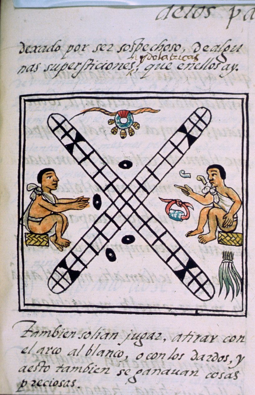 Palat asszony. 218-220 IX. könyv, azték férfiak, szerencsejáték Patoliban, Bernardino de Sahagun „Firenzei kódexéből”, 1540-85 körül alkotó: Spanish School