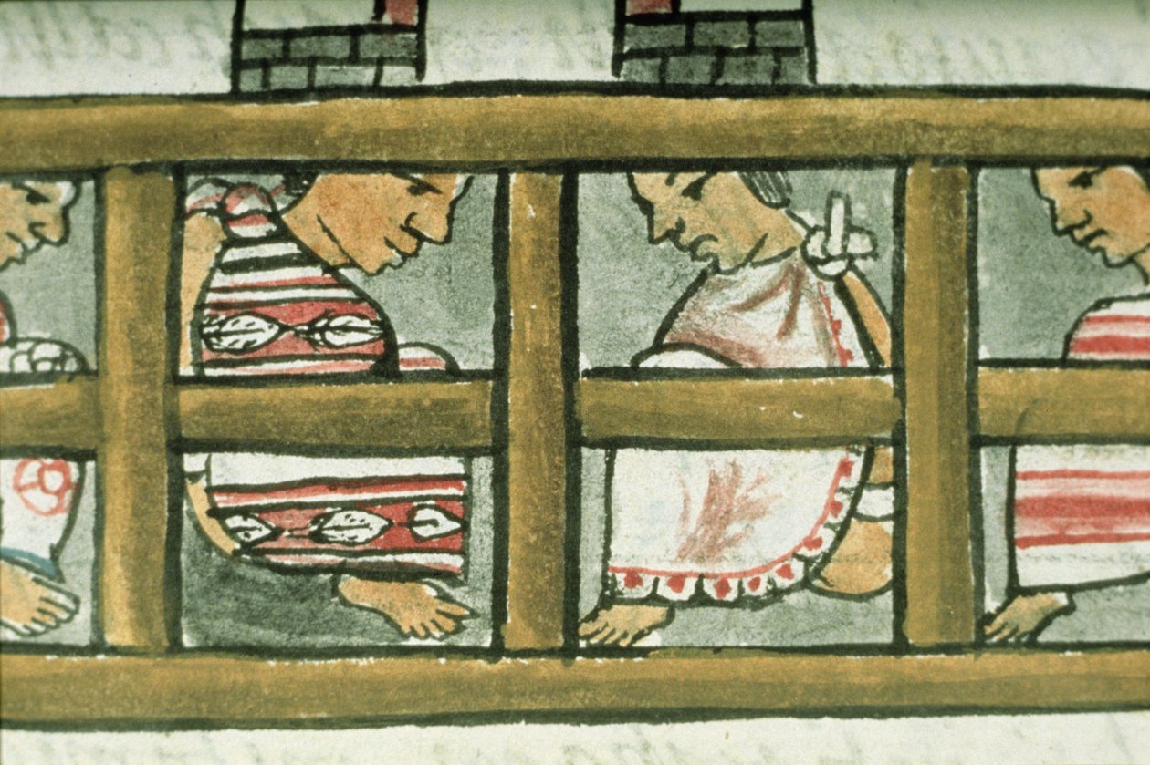 Palat asszony. 218-220 IX. könyv Azték foglyok, Bernardino de Sahagun „Firenzei kódexéből”, 1540-85 körül alkotó: Spanish School