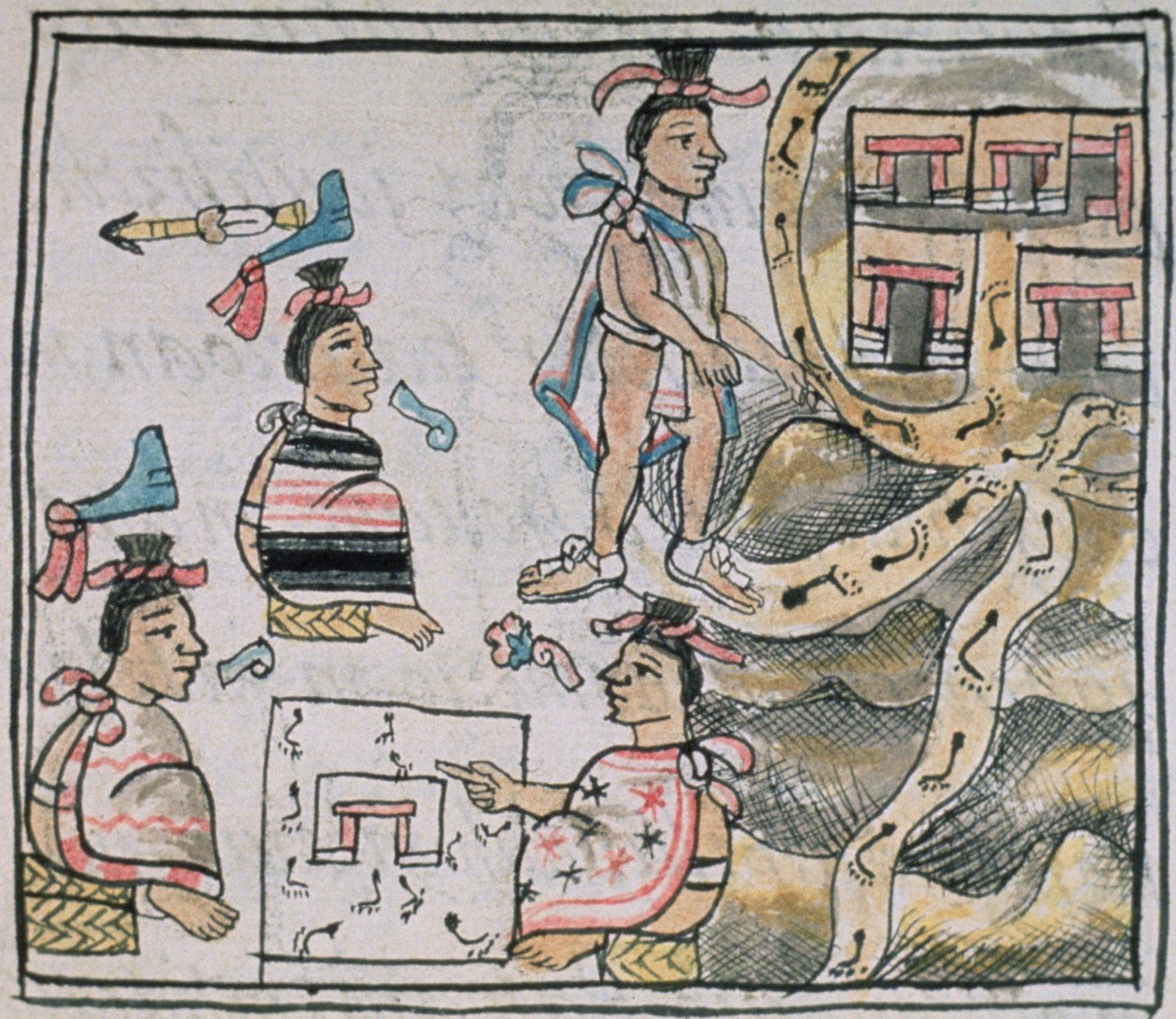 Palat asszony. 218-220 IX. könyv Aztékok tanácskoznak és térképet követnek, Bernardino de Sahagun „Firenzei kódexéből”, 1540-85 körül alkotó: Spanish School