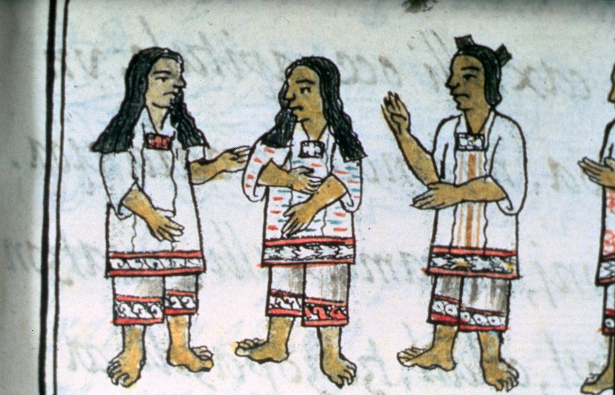 Palat asszony. 218-220 IX. könyv Női azték jelmezek, Bernardino de Sahagun "Firenzei kódexéből", 1540-85 körül alkotó: Spanish School
