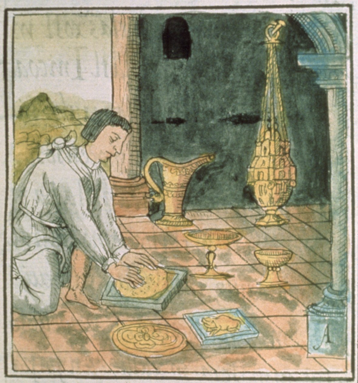 Palat asszony. 218-220 IX. könyv Aranytárgyak egy azték boltban, Bernardino de Sahagun „Firenzei kódexéből”, 1540-85 körül alkotó: Spanish School