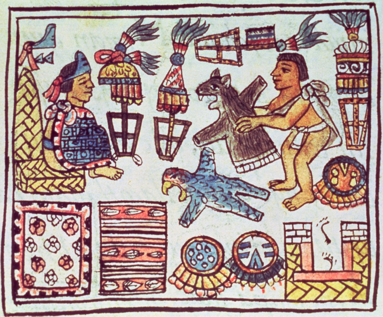 Palat asszony. 218-220 IX. könyv Montezuma II (1466-1520) tiszteletadásban részesül Bernardino de Sahagun „Firenzei kódexéből”, 1540-85 körül alkotó: Spanish School