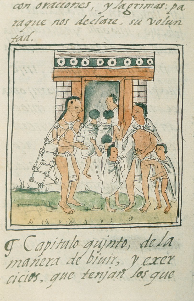 Palat asszony. 218-220 IX. könyv Kisgyermekek belépő házba, Bernardino de Sahagun „Firenzei kódexéből”, 1540-85 körül alkotó: Spanish School