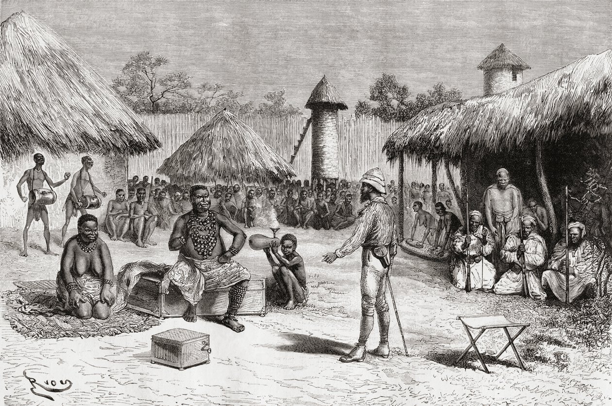 Pietro Paolo Savorgnan di Brazza felfedező fogadása Ketimkuru törzsfőnök házában, Uemba, Közép-Afrika, az 1888-ban megjelent "Africa Pintoresca" című könyvből. alkotó: Spanish School