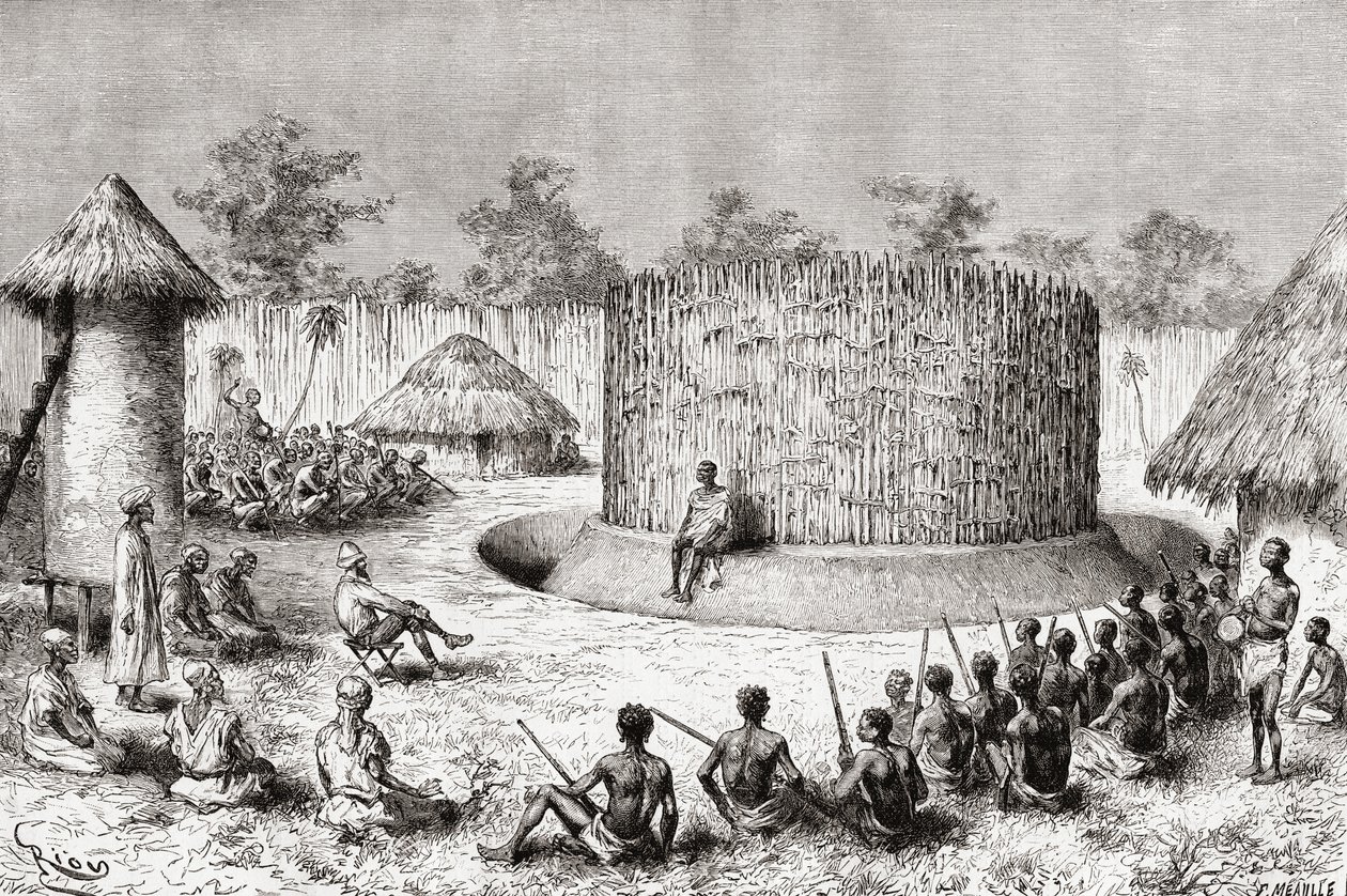1888-ban jelent meg Pietro Paolo Savorgnan di Brazza felfedező fogadása Chief Mkewe falujában, Tanzániában, az „Afrika Pintorescából” alkotó: Spanish School